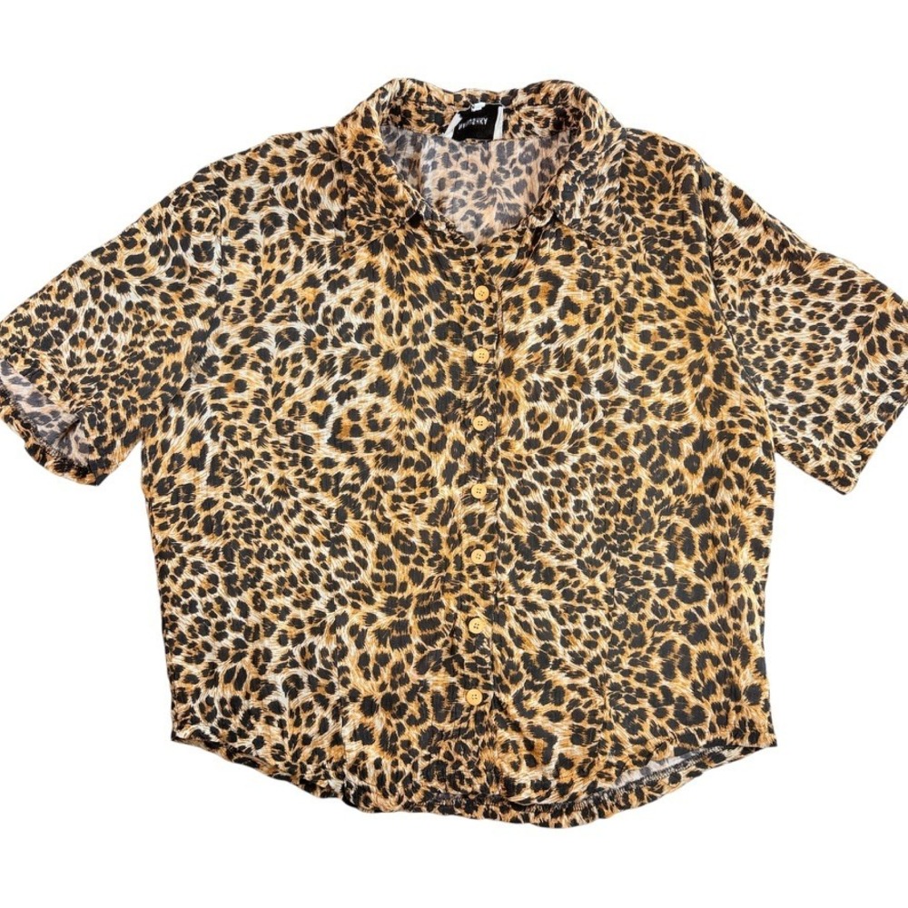 Nanushka Button Down Women S Tan Leopard Print Short Sleeve Collar Crop Top FLAW